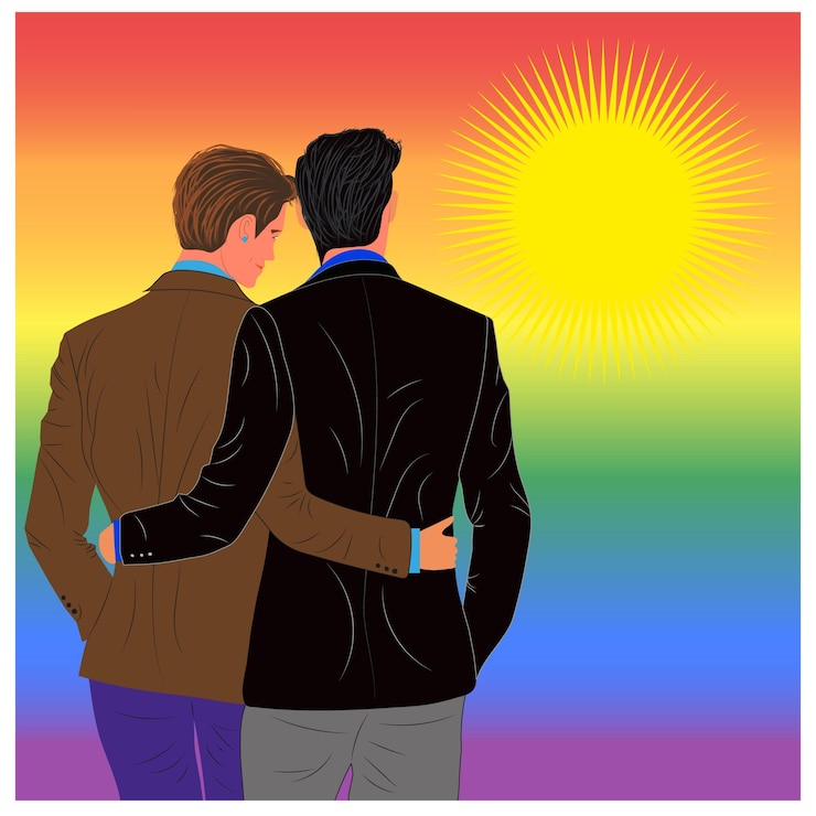Vetor um desenho animado de dois homens abraçados e um tem um sol no fundo