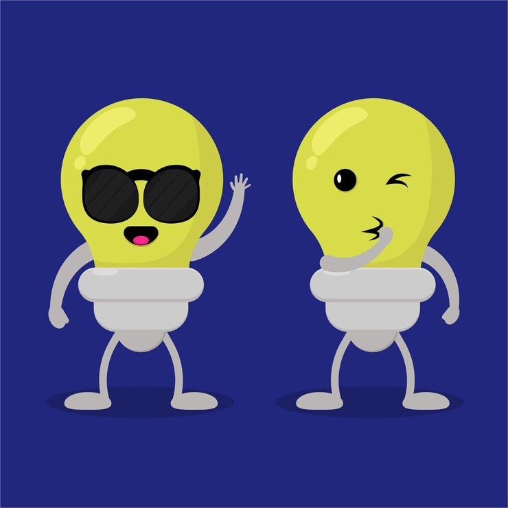 Vetor um desenho animado de dois personagens de lâmpadas com óculos de sol e um com um rosto sorridente