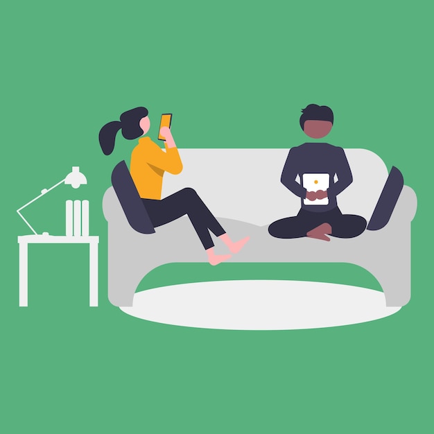 Vetor um desenho animado de duas pessoas sentadas em um sofá com uma delas lendo um livro.
