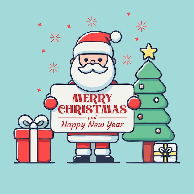 Um desenho animado de Papai Noel segurando um sinal que diz Feliz Natal