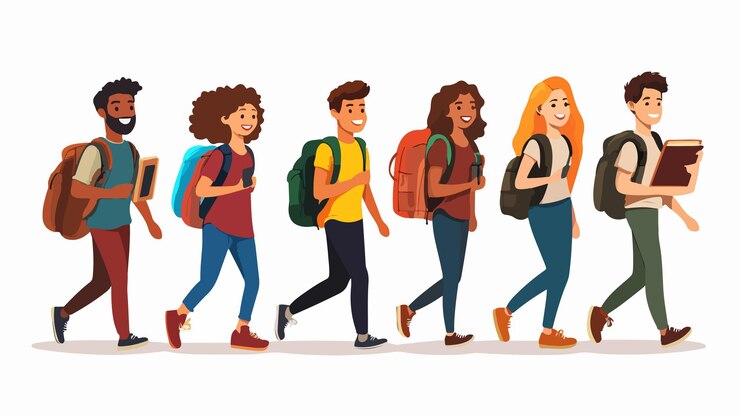 Vetor um desenho animado de pessoas com mochilas caminhando em uma linha