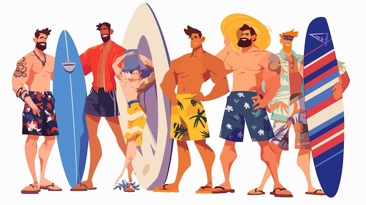 Vetor um desenho animado de pessoas com tábuas de surf e uma delas tem uma palmeira no topo