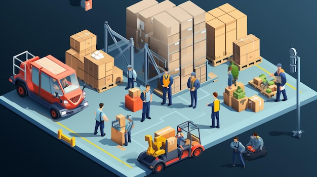 Vetor um desenho animado de pessoas movendo caixas com um caminhão e um caminhão com um camião no fundo