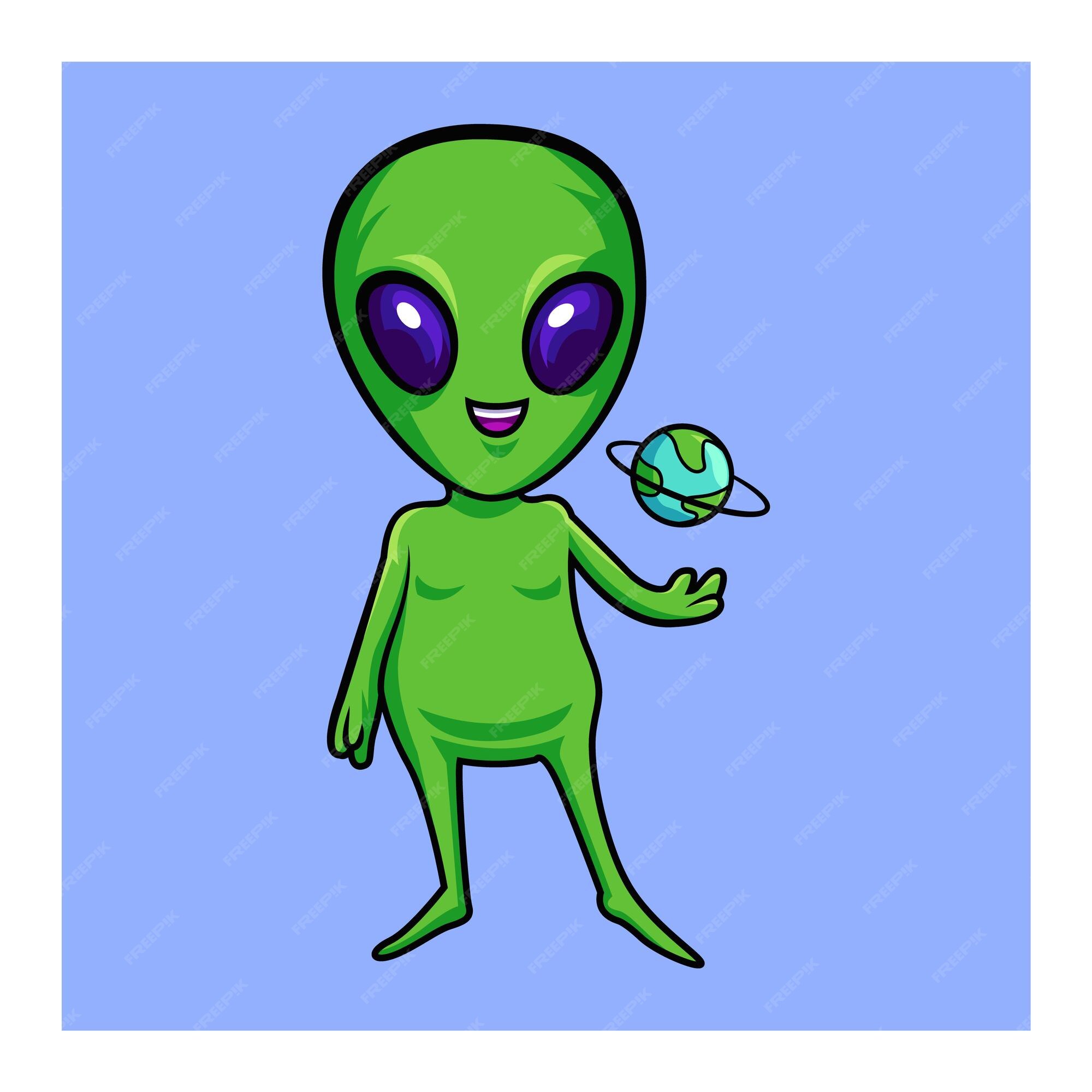 Um desenho animado de um alienígena verde e um alienígena azul conversando  com um homem.