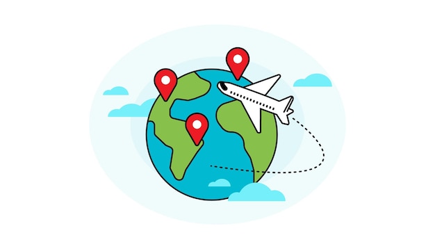 Um desenho animado de um avião voando ao redor do mundo