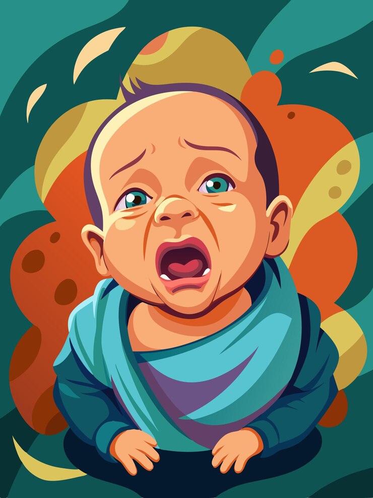Vetor um desenho animado de um bebê chorando com uma camisa azul que diz chorar