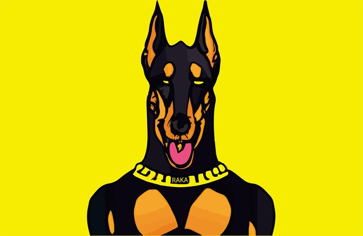 Vetor um desenho animado de um cão doberman com um fundo amarelo.