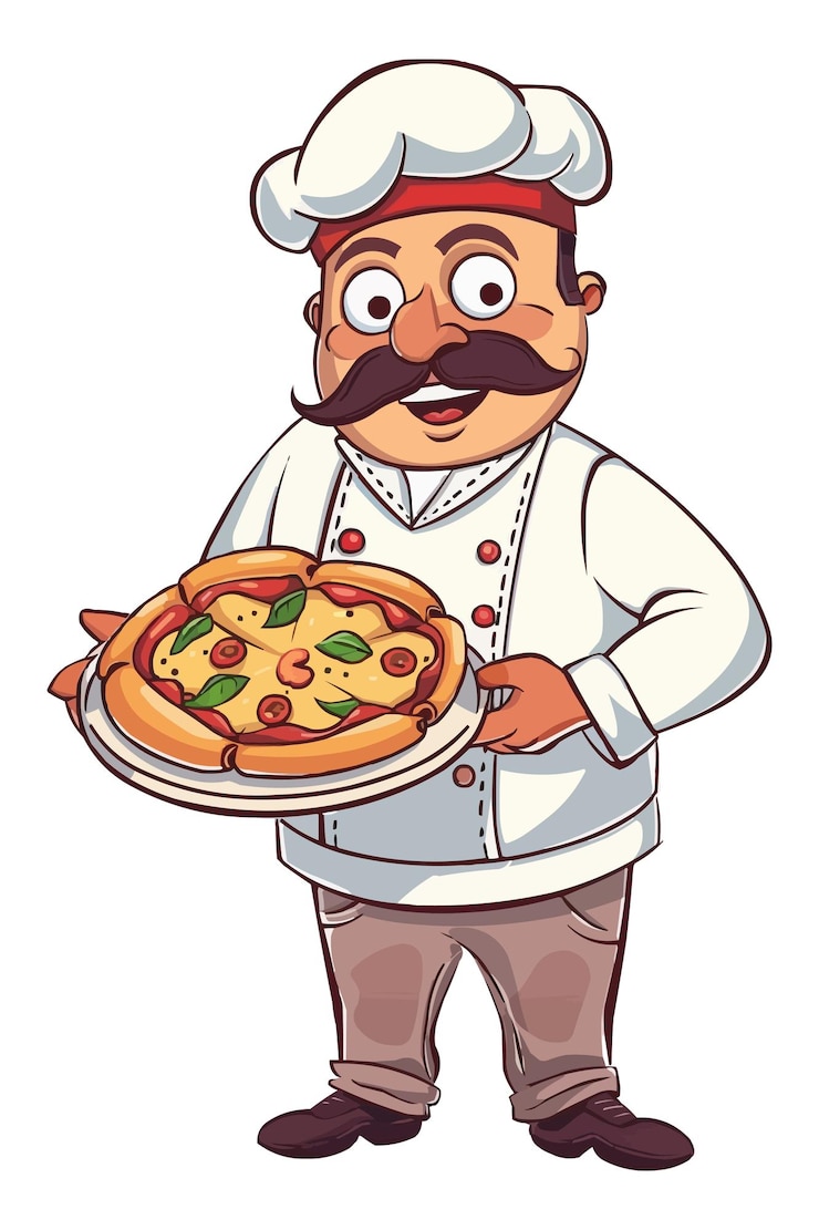 Vetor um desenho animado de um chef segurando uma bandeja de comida com uma pizza nele