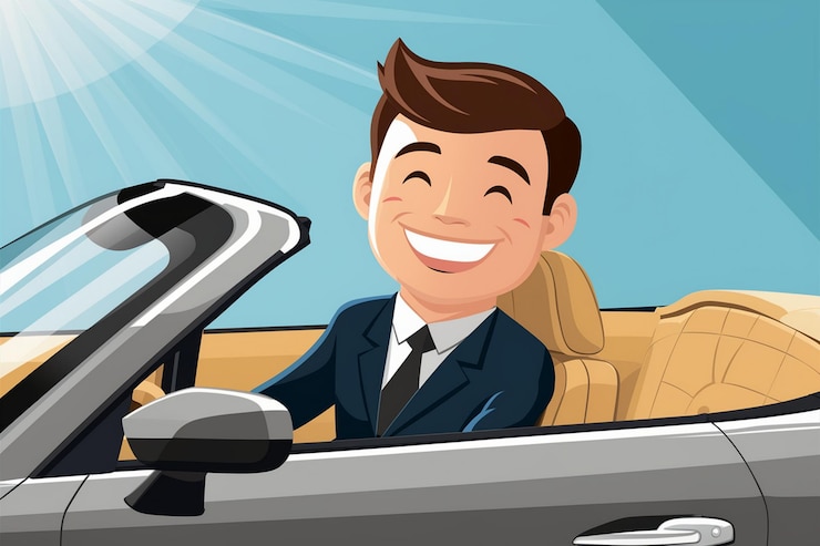 Vetor um desenho animado de um homem a conduzir um carro com um sorriso no rosto