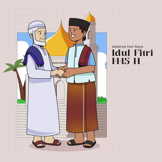 Vetor um desenho animado de um homem apertando as mãos de idosos no eid al-fitr