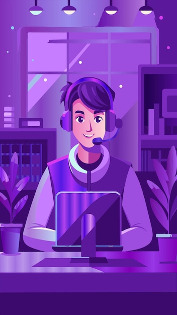 um desenho animado de um homem com fones de ouvido e um tablet em suas mãos