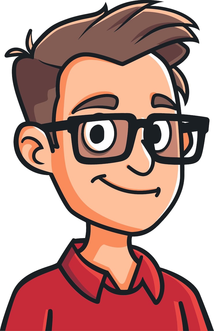 Vetor um desenho animado de um homem com óculos e uma camisa vermelha que diz que está sorrindo