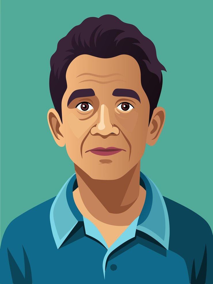 Vetor um desenho animado de um homem com uma camisa azul e uma camisa azuis que diz "o homem está sorrindo"