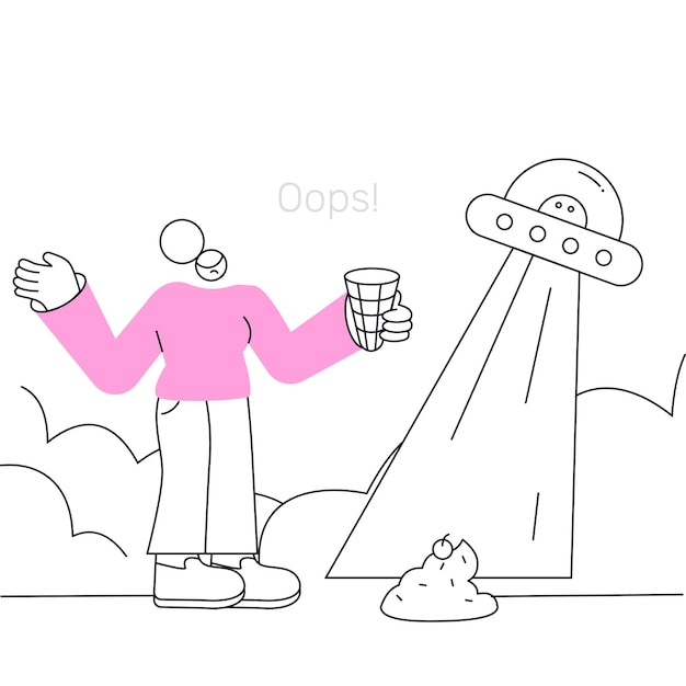 Um desenho animado de um homem segurando um copo com oops escrito nele erro de estado 404