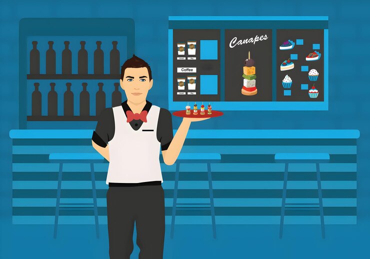 Vetor um desenho animado de um homem segurando uma bandeja de comida com a palavra café nele