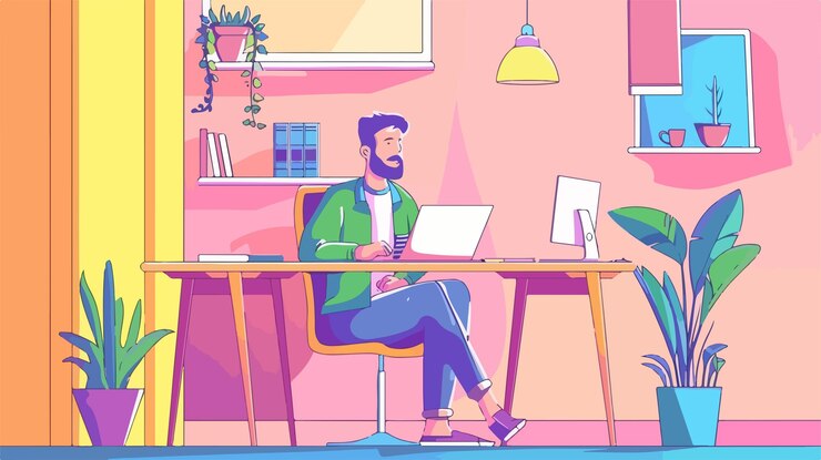 Vetor um desenho animado de um homem trabalhando em uma mesa com um laptop