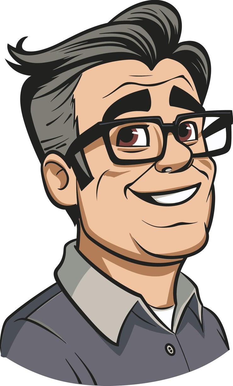 Vetor um desenho animado de um homem usando óculos e uma camisa com um rosto sorridente