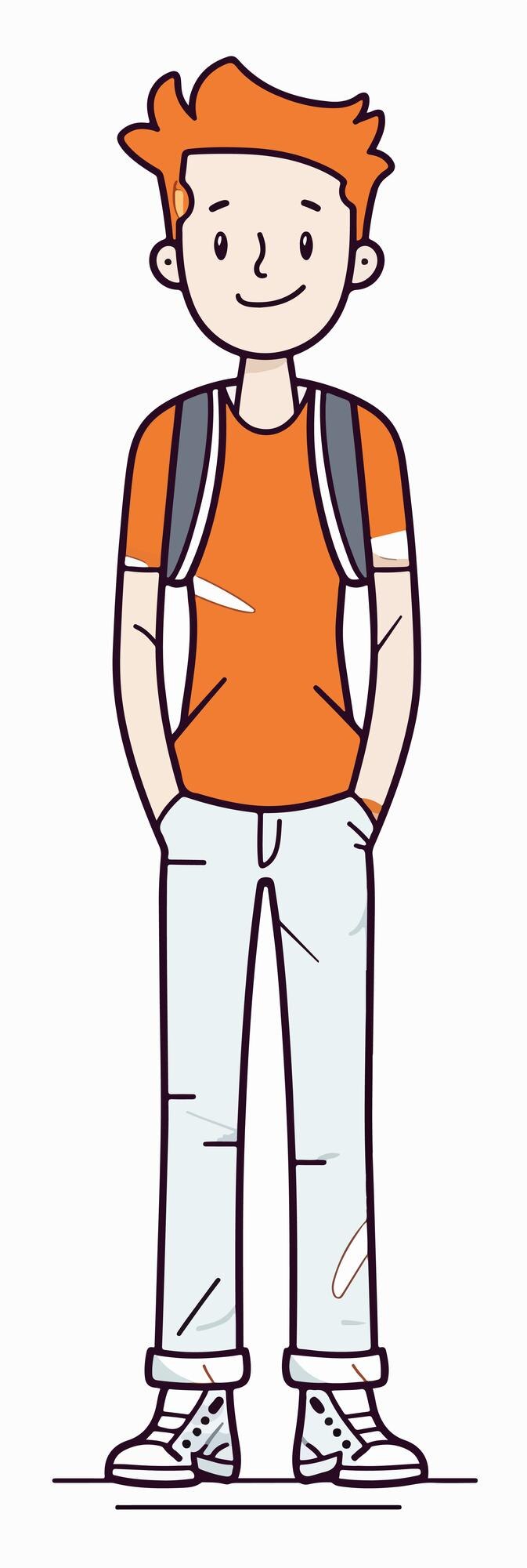 Vetor um desenho animado de um homem usando uma mochila e um chapéu.