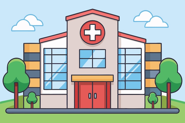 Vetor um desenho animado de um hospital com uma porta vermelha e uma cruz branca na frente