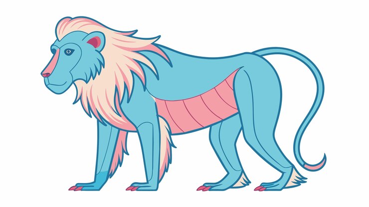 Vetor um desenho animado de um leão azul com uma crina rosa