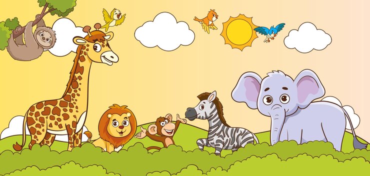 Vetor um desenho animado de um leão e um leão em um campo com as palavras girafas nele