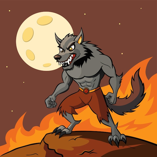 Vetor um desenho animado de um lobo com uma lua cheia ao fundo