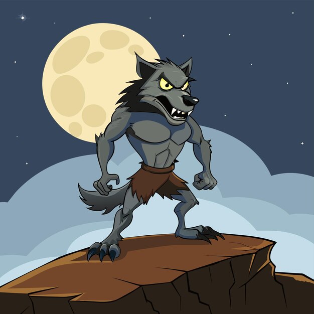 Vetor um desenho animado de um lobo de pé em uma rocha com uma lua cheia no fundo