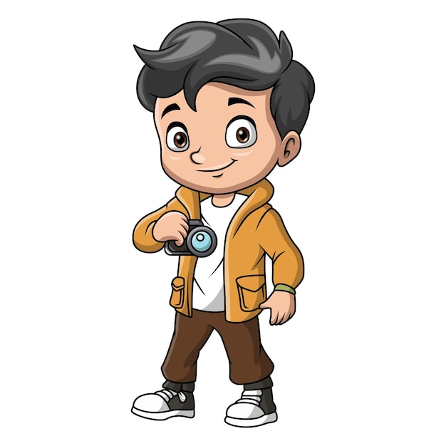 Um desenho animado de um menino bonito com uma câmara digital.