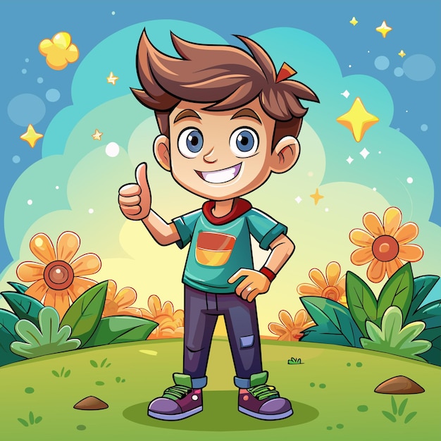Vetor um desenho animado de um menino com uma camisa que diz polegar para cima