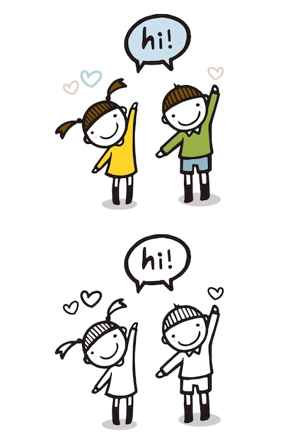 Vetor um desenho animado de um menino e uma menina apontando para o céu e as palavras oi!