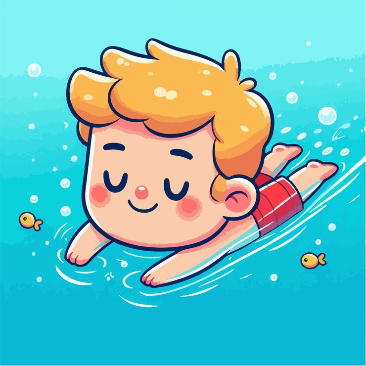 Vetor um desenho animado de um menino nadando na água com um peixe na mão