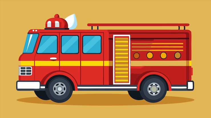Vetor um desenho animado de um motor de incêndio com uma faixa vermelha no lado