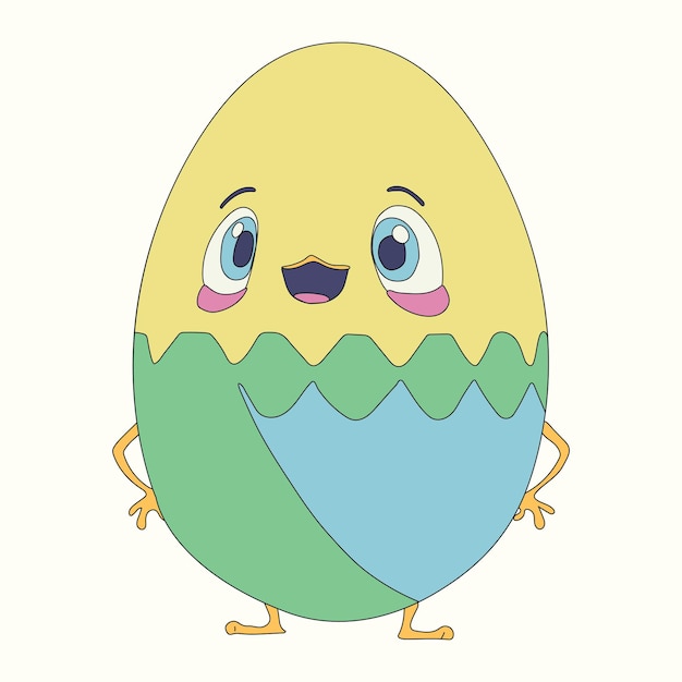 Vetor um desenho animado de um ovo amarelo com um ovo azul e verde na frente.