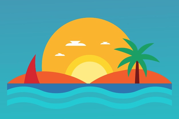 Um desenho animado de um pôr-do-sol com palmeiras e uma cena de praia