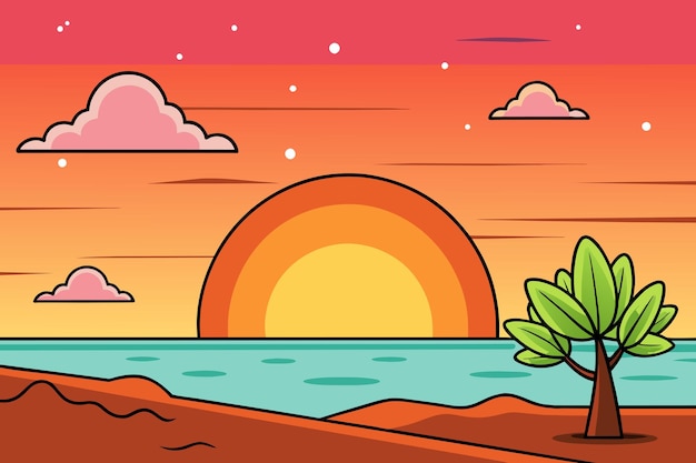 Um desenho animado de um pôr do sol com uma árvore e um pôr-do-sol no fundo
