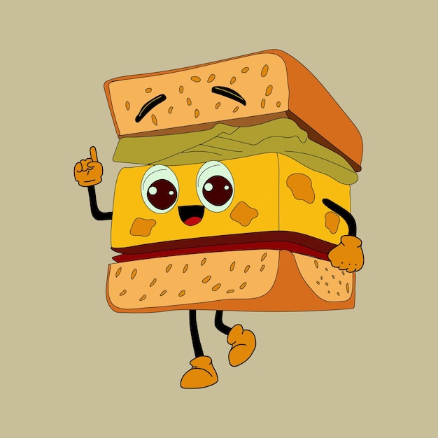Um desenho animado de um sanduíche com um rosto sorridente