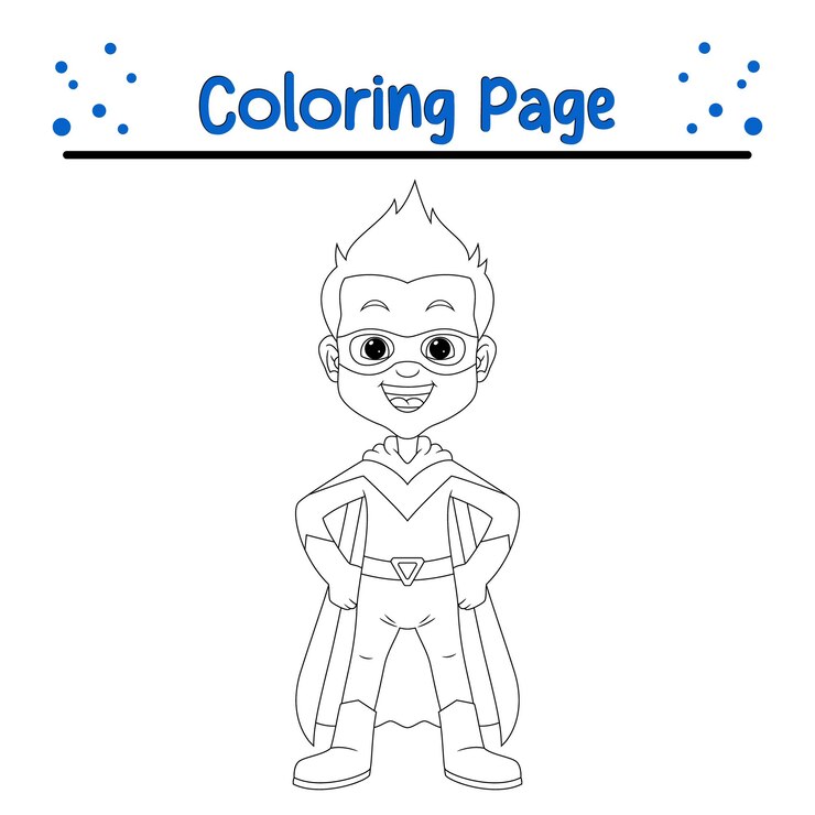 Vetor um desenho animado de um super-herói com um fundo azul que diz página de cores