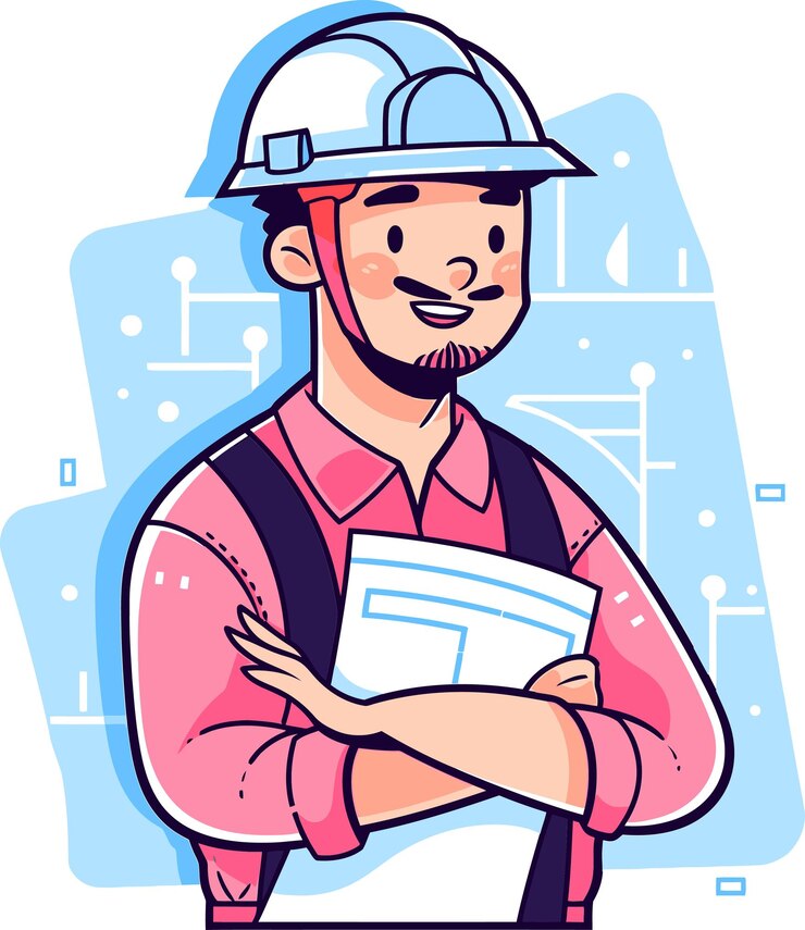 Vetor um desenho animado de um trabalhador da construção usando um chapéu duro e um chapéu difícil