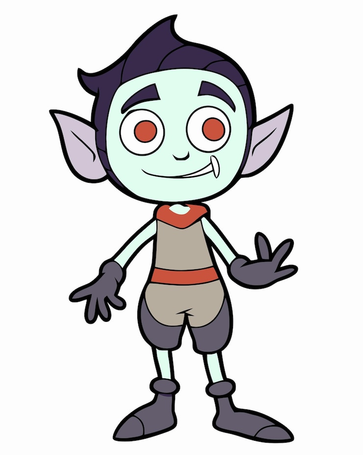 Vetor um desenho animado de um troll com cabelo roxo e olhos vermelhos está em uma pose.