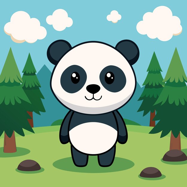 um desenho animado de um urso panda com árvores no fundo