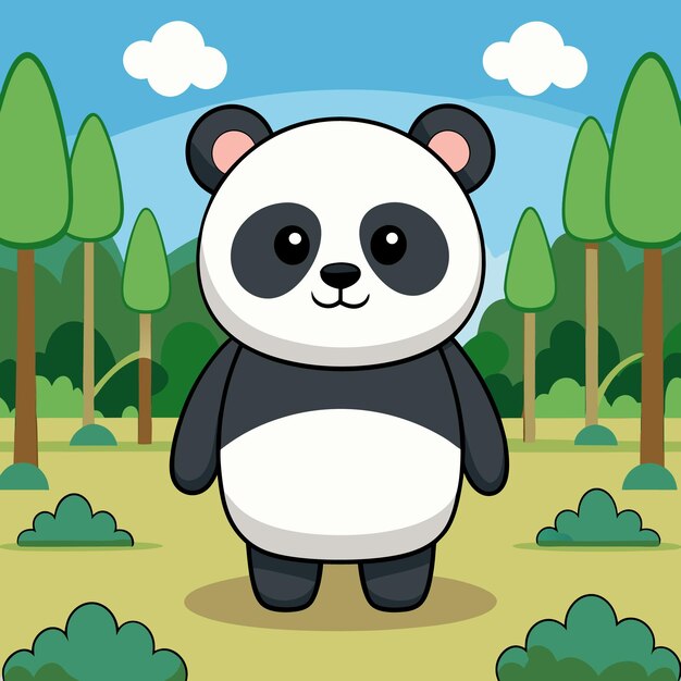 um desenho animado de um urso panda com árvores no fundo