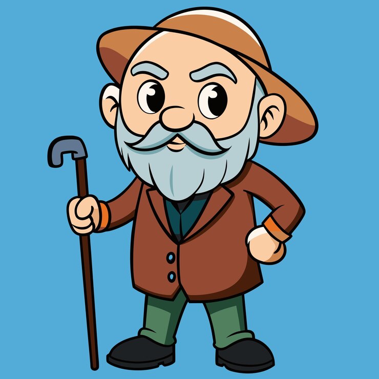 Vetor um desenho animado de um velho com uma bengala e um chapéu