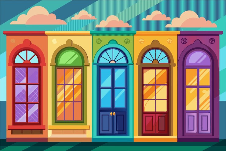 Vetor um desenho animado de uma casa colorida com as janelas rotuladas como a cidade