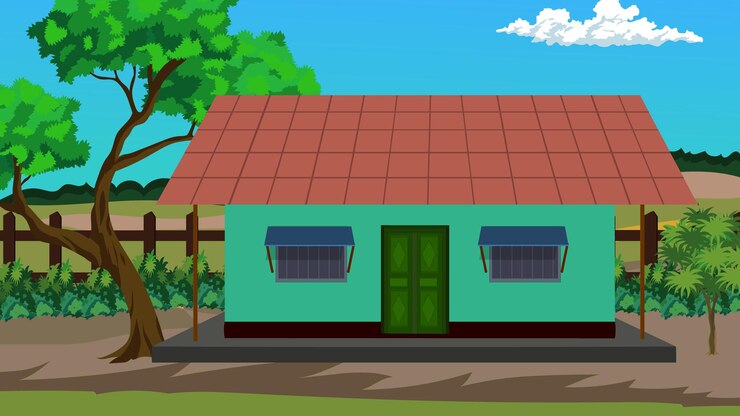 Vetor um desenho animado de uma casa com uma árvore e uma cerca