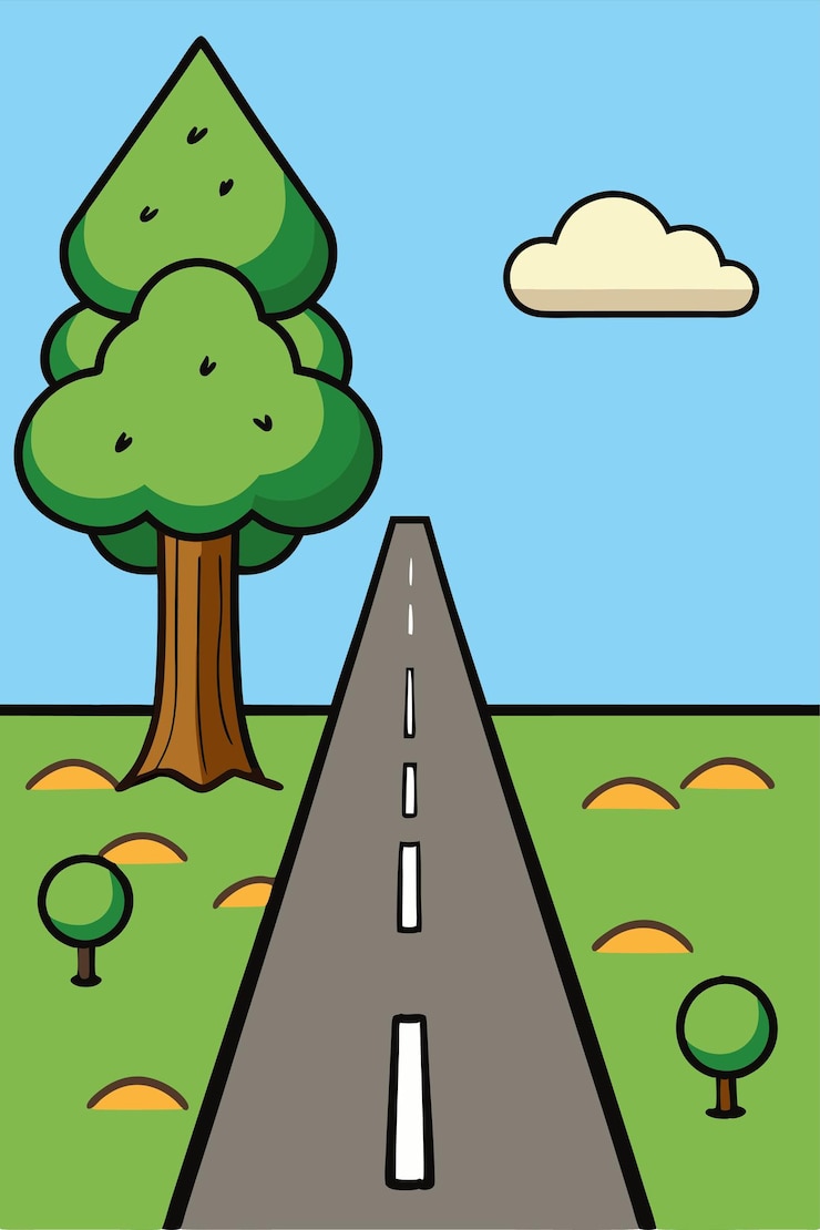 Vetor um desenho animado de uma estrada com uma árvore nela