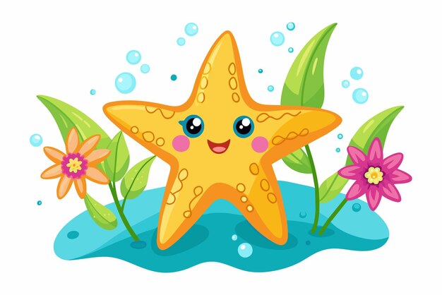 Vetor um desenho animado de uma estrela-do-mar encantadora adornada com flores coloridas