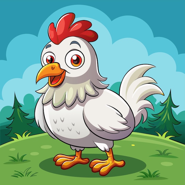 Vetor um desenho animado de uma galinha com uma cabeça vermelha e um fundo azul do céu