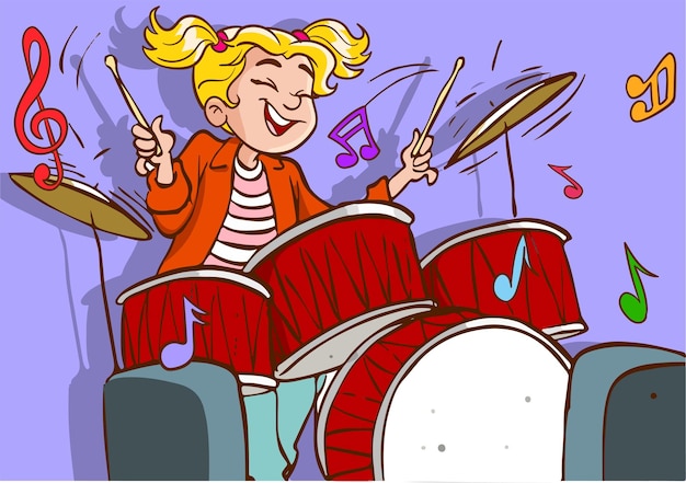 Vetor um desenho animado de uma garota tocando bateria.