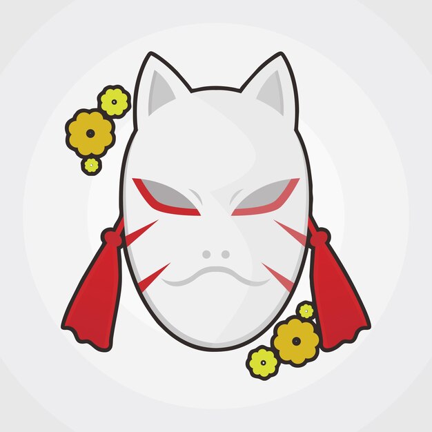 Um desenho animado de uma máscara branca com um laço vermelho.