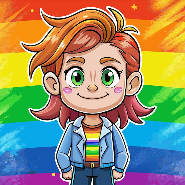 Vetor um desenho animado de uma menina com um fundo arco-íris